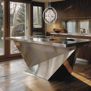 Chrome + clear crystal chandelier, by Maple, angled view