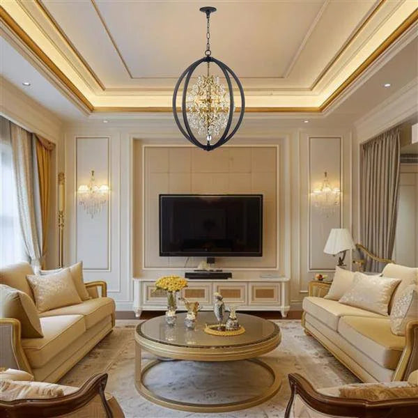 Black & gold + clear crystal chandelier, by Maple, angled view