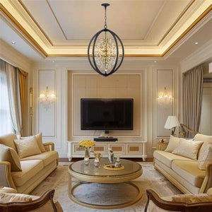 Black & gold + clear crystal chandelier, by Maple, angled view
