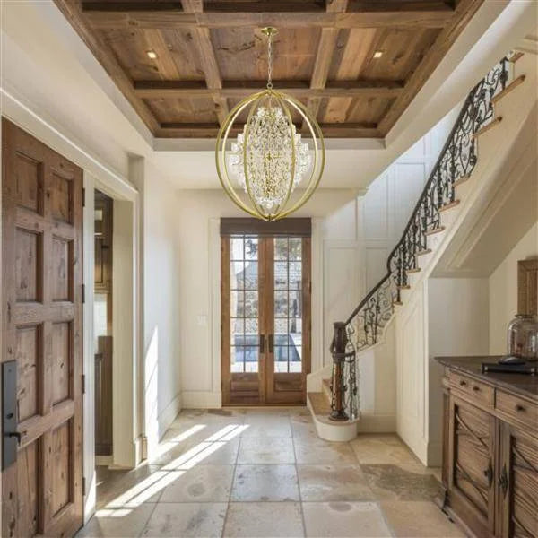 Gold + clear crystal chandelier, by Maple, angled view