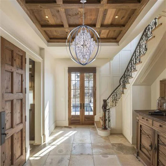 Chrome + clear crystal chandelier, by Maple, angled view