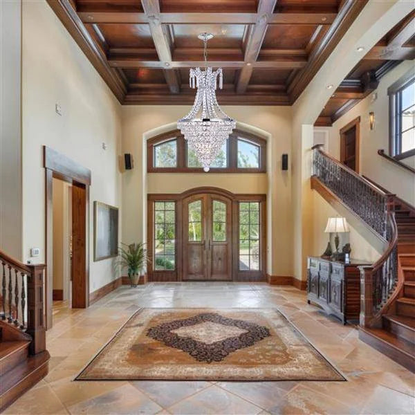 Chrome + clear crystal chandelier, by Maple, angled view