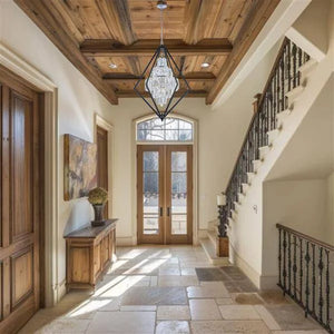 Matt black+ chrome + clear crystals chandelier, by Maple, angled view