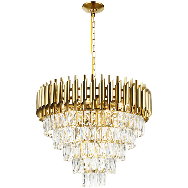 Gold metal + clear crystal chandelier, by Maple