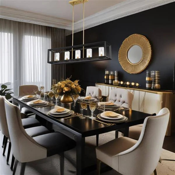 Clear glass and iron with bk/gd island pendant, by Maple, for kitchen island or dining, angled view