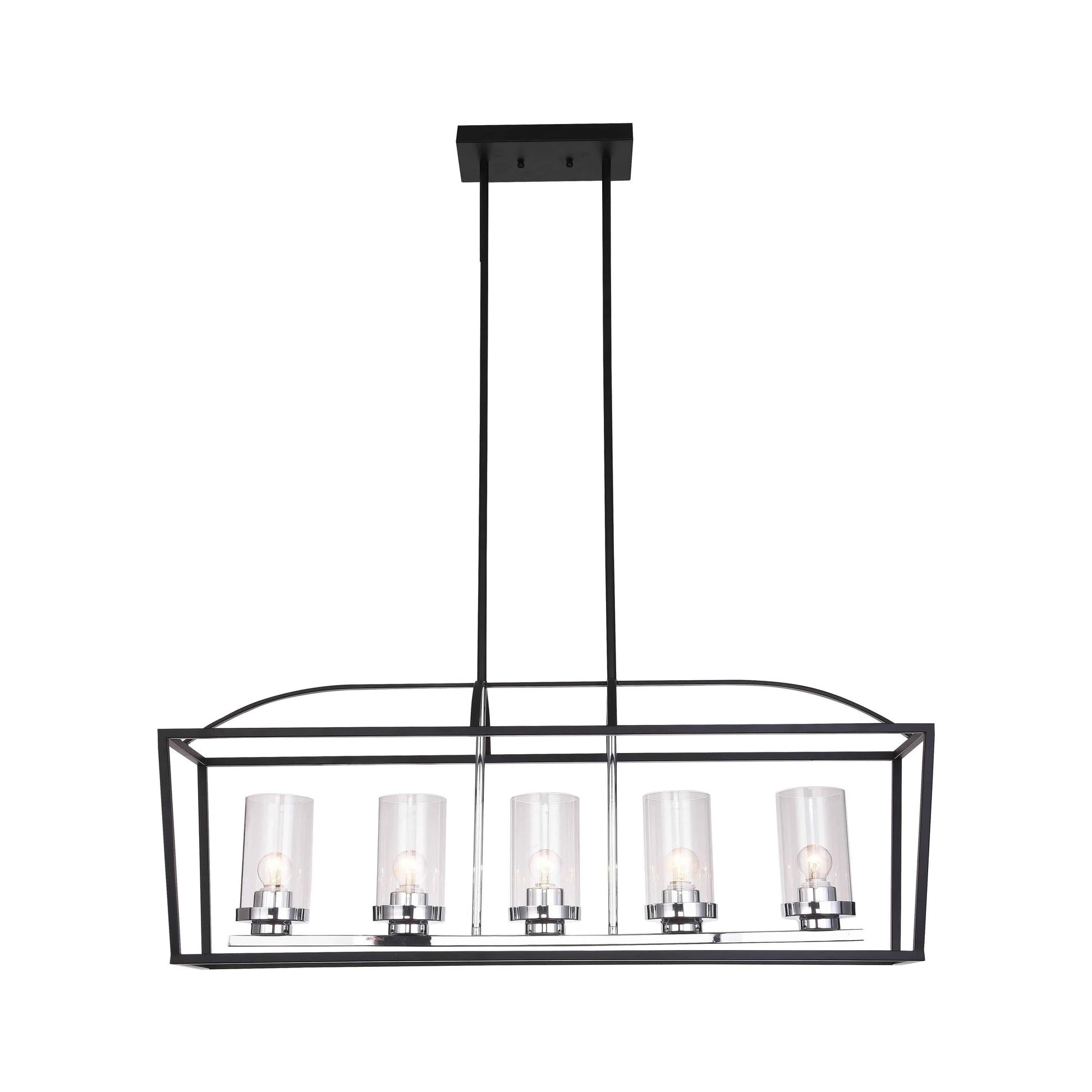 Black & chrome + clear glass island pendant, by Maple, for kitchen island or dining