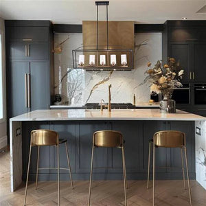 Black & gold + clear glass island pendant, by Maple, for kitchen island or dining, angled view
