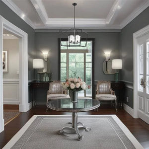 Black& chrome + clear glass pendant light, by Maple, for kitchen island or dining, angled view