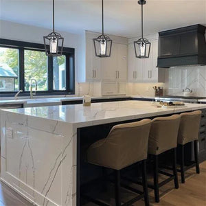 Black & chrome + clear glass pendant light, by Maple, for kitchen island or dining, angled view