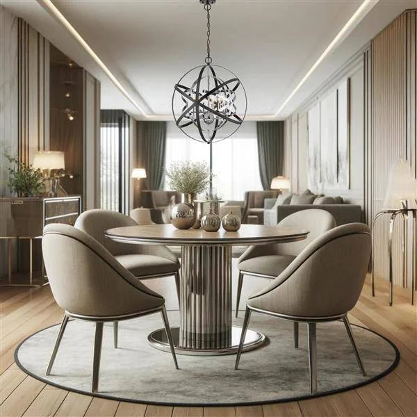 Chrome and black pendant light, by Maple, for kitchen island or dining, angled view