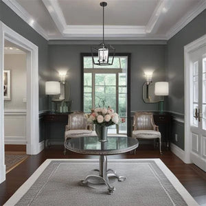 Black& chrome + clear glass pendant light, by Maple, for kitchen island or dining, angled view