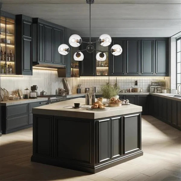 Black + clear glass pendant light, by Maple, for kitchen island or dining, angled view