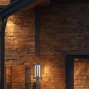 Black outdoor post lantern, by Maple, for driveway or front yard, side view