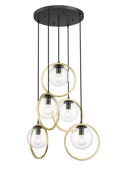 Modern multi-light pendant fixture with five clear glass globes and gold accent rings, ideal for contemporary home lighting and stylish dining room or living room decor.