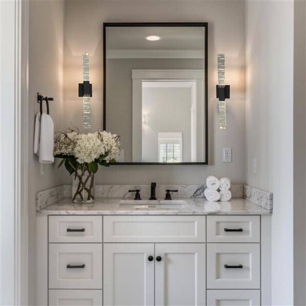 Black vanity light, by Maple, for bathroom, angled view