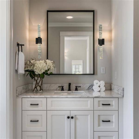 Black vanity light, by Maple, for bathroom, angled view