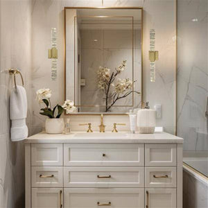 Gold vanity light, by Maple, for bathroom, angled view