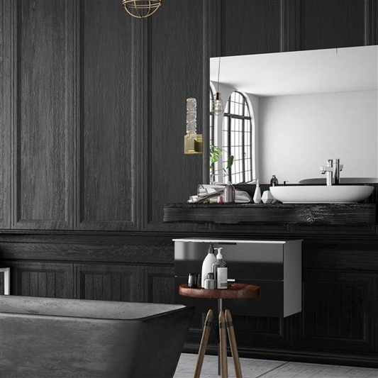 Gold vanity light, by Maple, for bathroom, angled view